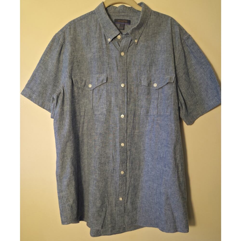 Broletto Mens XL Linen & Cotton Blend Short Sleeve Shirt Chambray Blue Button Up
